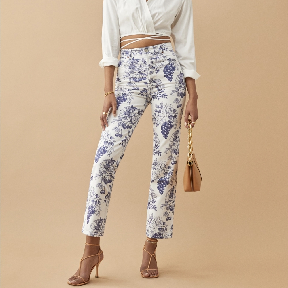 Reformation Cynthia Toile High Rise Straight Jeans in Monaco, Size 27